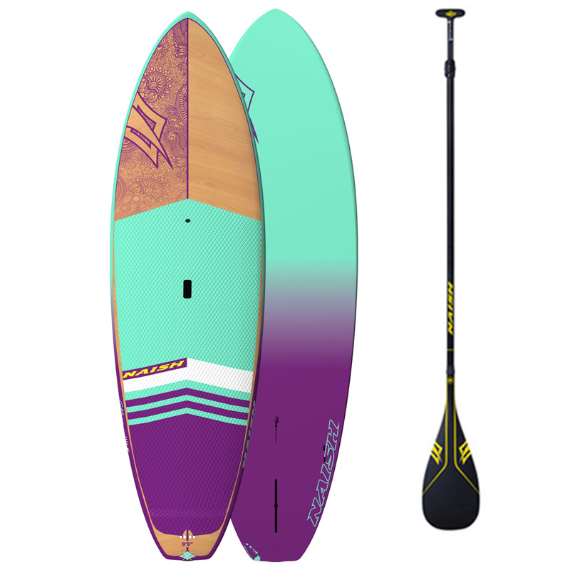 Purple, sea foam green and yellow Naish SUP stand up paddle board rental.